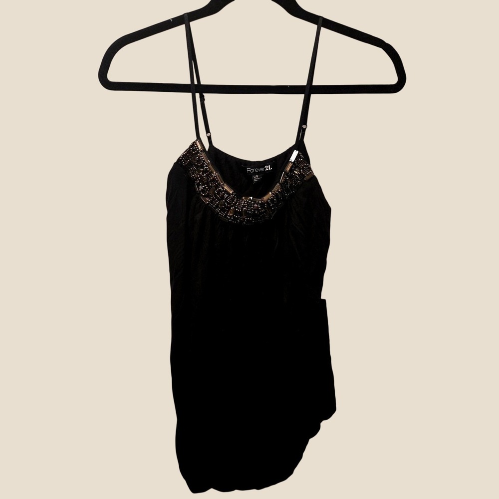 Forever 21 Twenty One Black Beaded Neckline Spaghetti Strap Knit Camisole Top L
